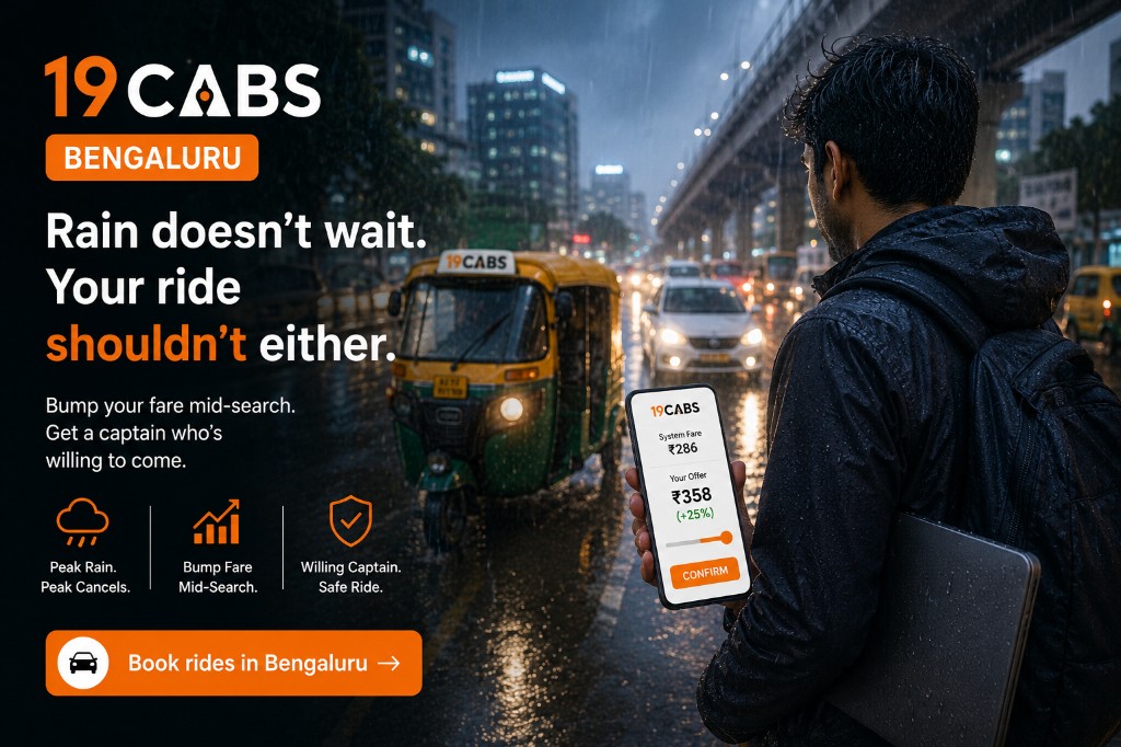 19Cabs Bengaluru rain cab booking storyboard — mid-search fare bump for willing captain Karnataka Bangalore