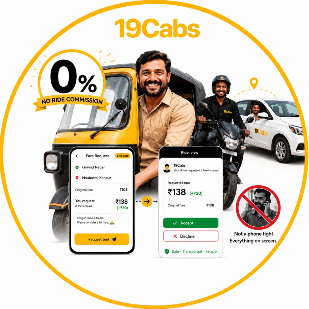 19Cabs Driver: 0% no ride commission, in-app fare request from driver to rider — not a phone fight, everything on screen.