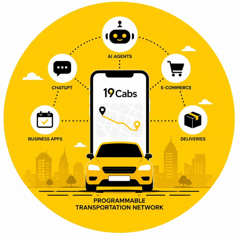 19Cabs programmable transportation network: AI agents, ChatGPT, business apps, e-commerce and deliveries connect to the same ride network